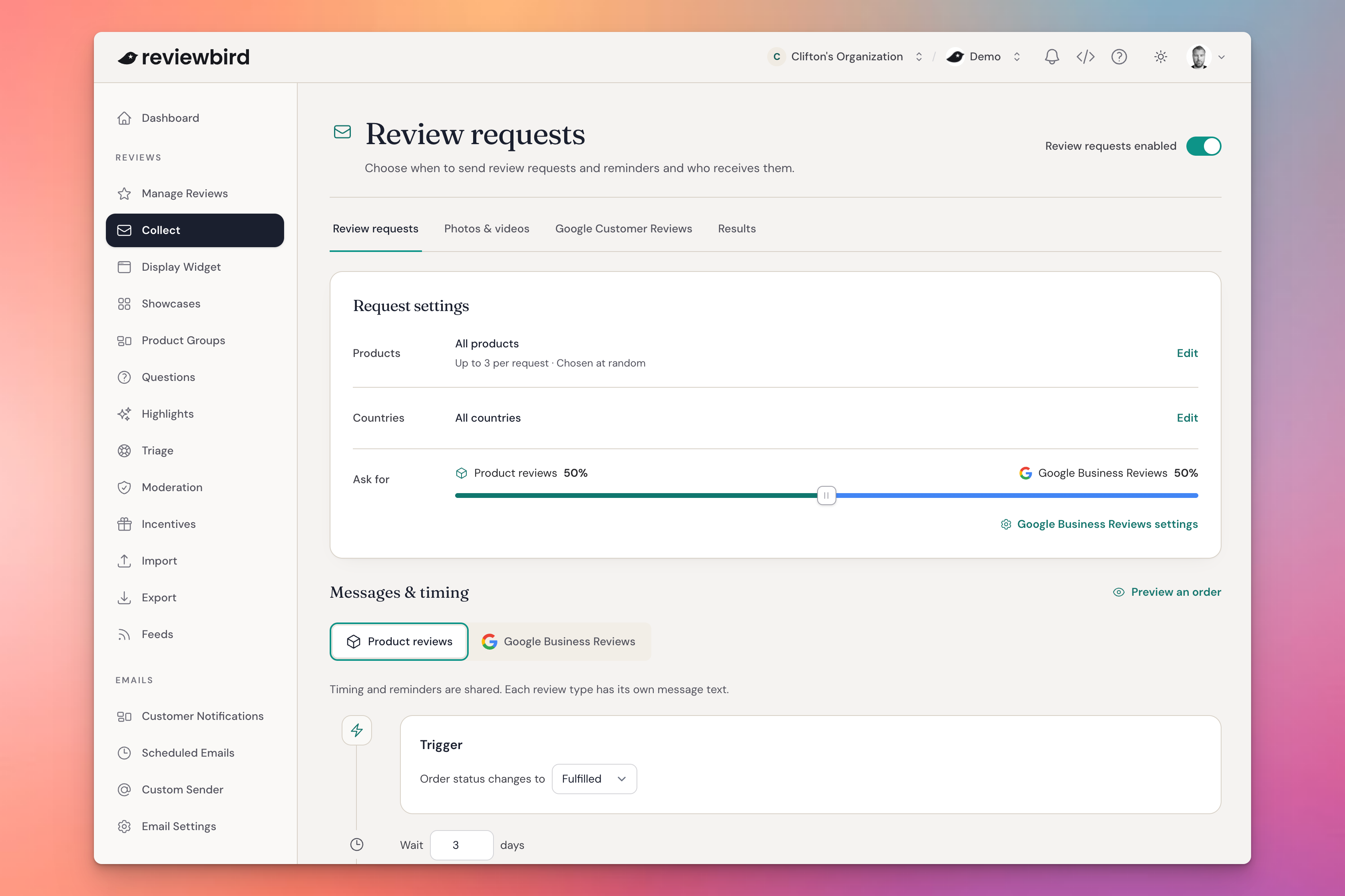 The Collect dashboard brings review requests and reminders together.