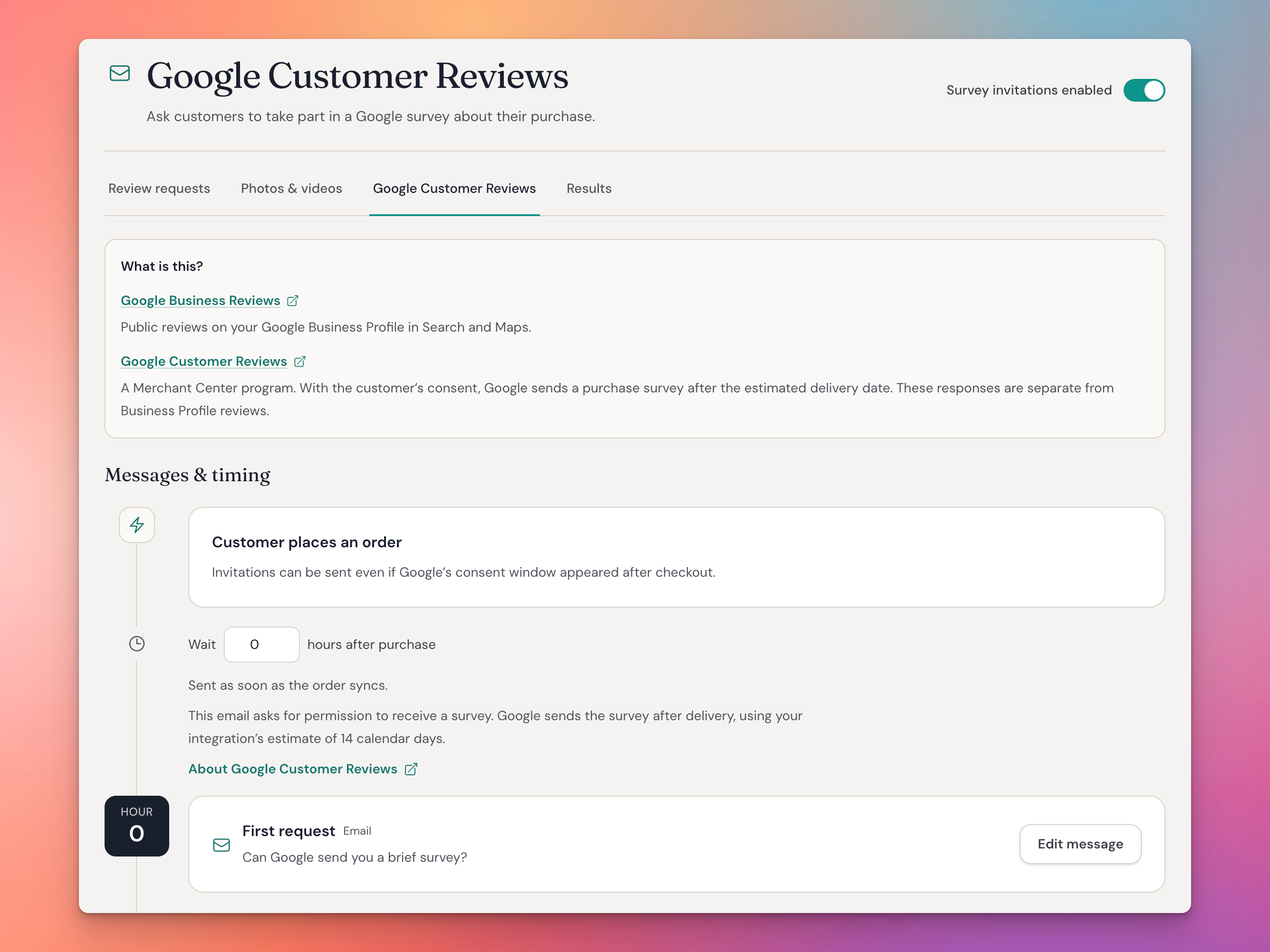 Reviewbird includes settings for Google Customer Reviews.