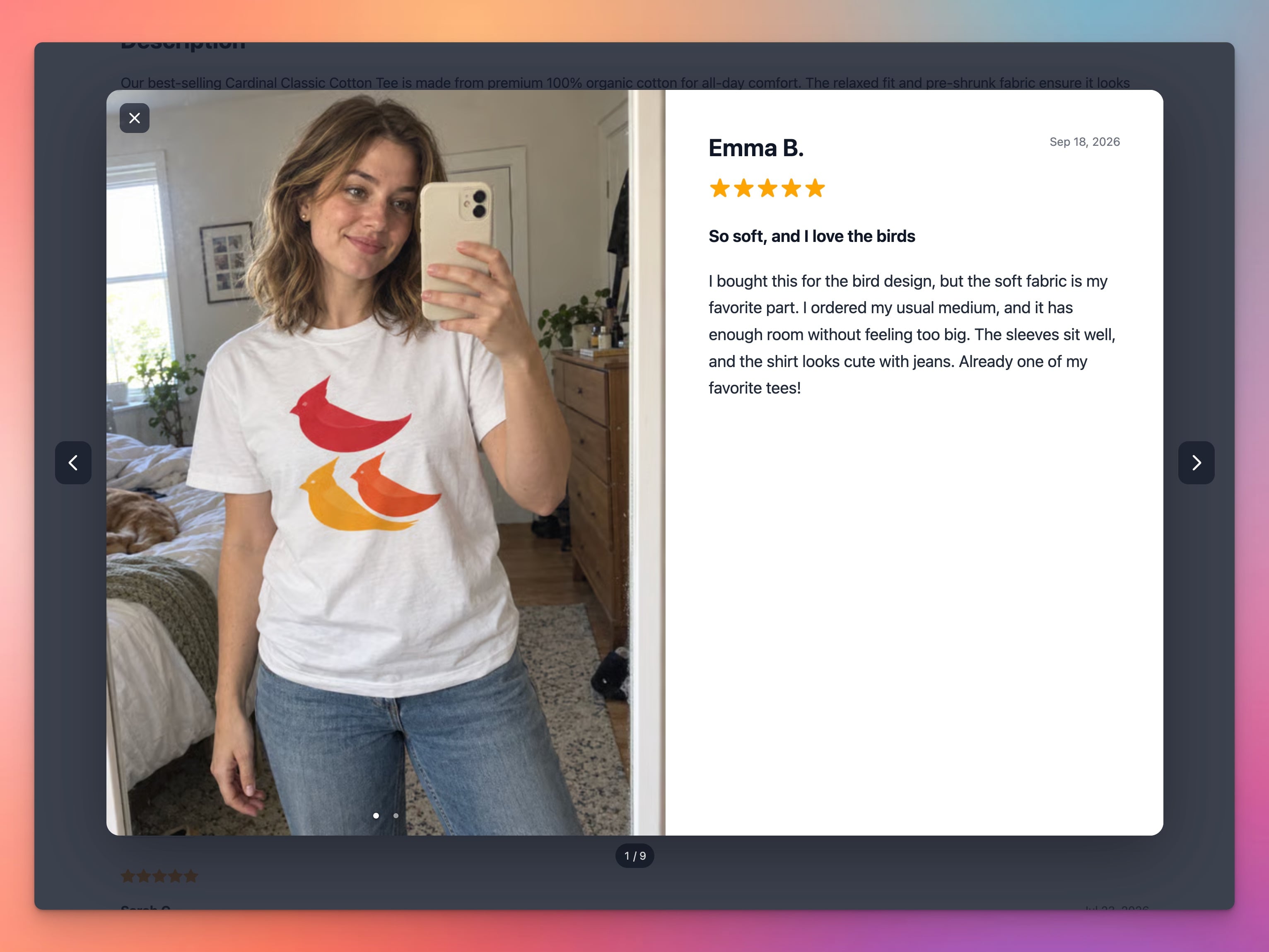 The updated review lightbox displays customer media alongside the review.