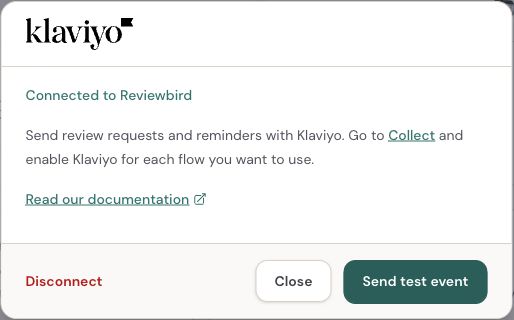 Connected Klaviyo settings with the account name, Collect and documentation links, and Send test event button