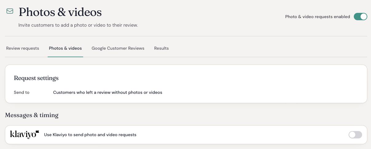 Photos and videos settings with automatic requests enabled and the Klaviyo sender switch turned off