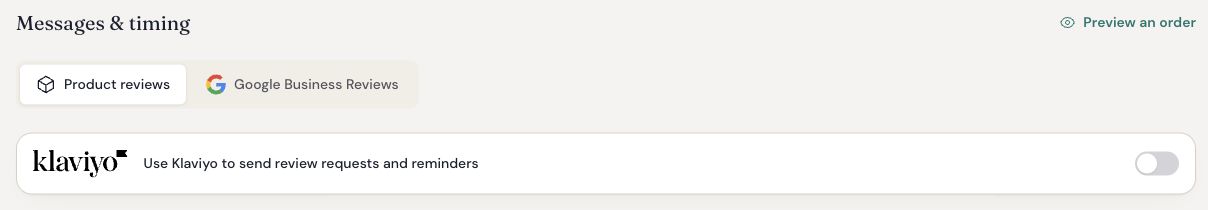 Product reviews tab with the Use Klaviyo to send review requests and reminders switch turned off