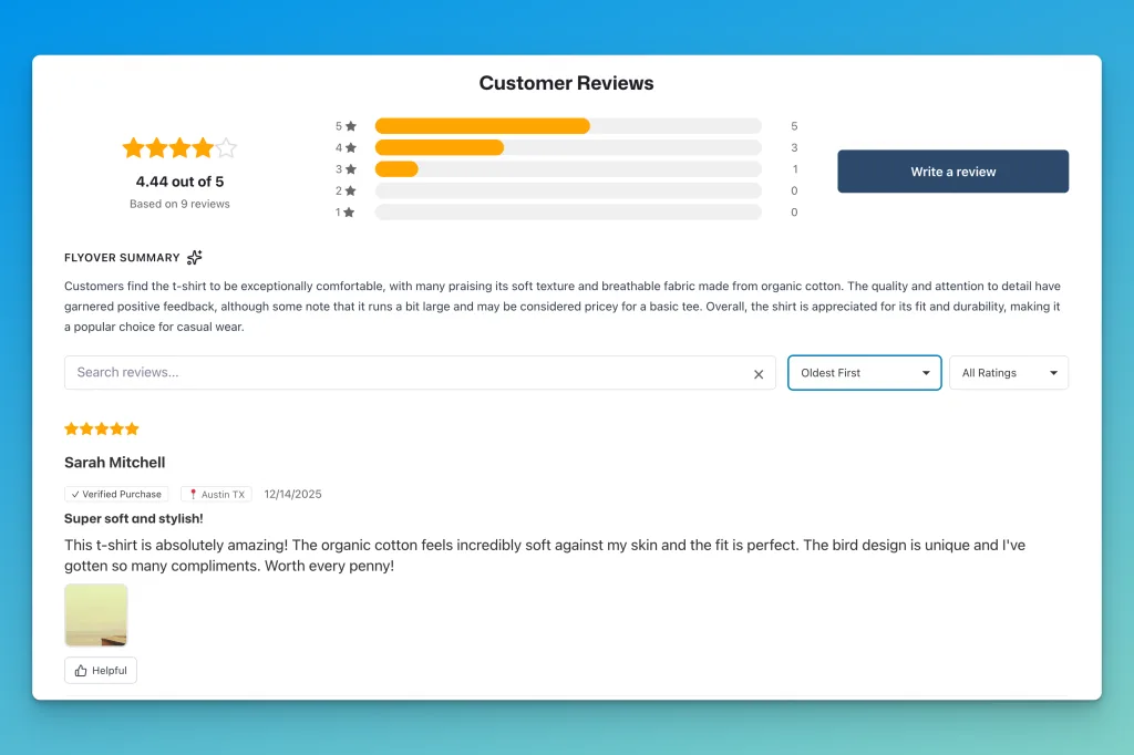 Searchable and filterable Reviewbird product reviews