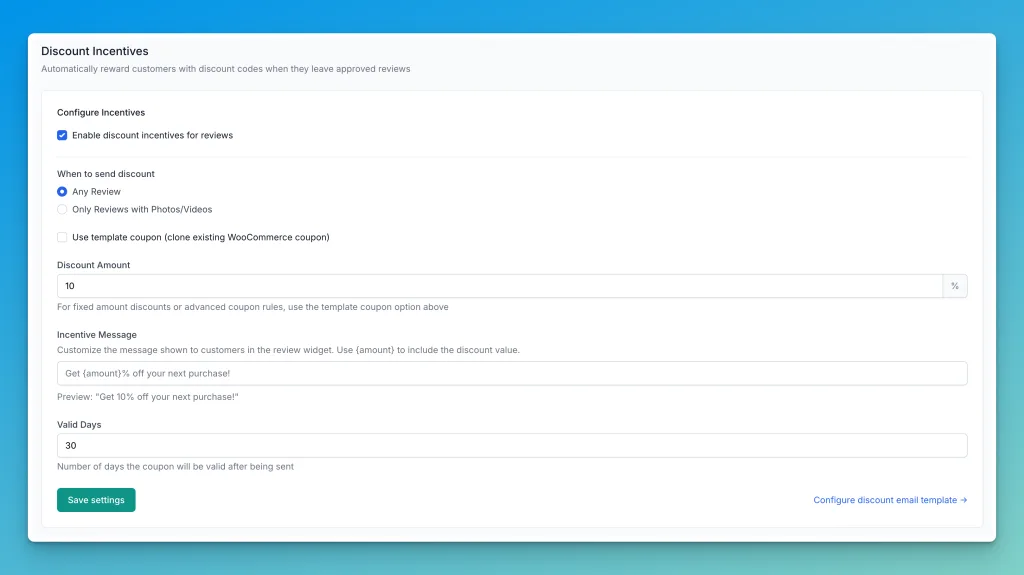 Reviewbird discount incentive settings