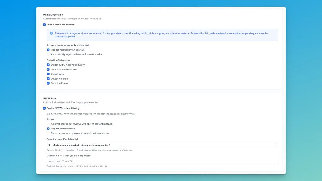 Review Guard moderation settings in Reviewbird