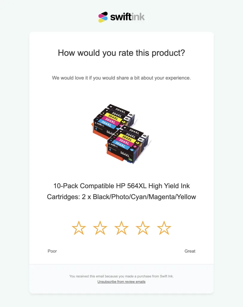 A screenshot of a typical email Reviewbird sends to customers to request a review.