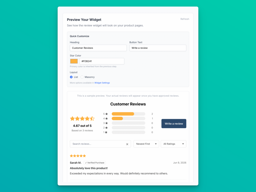 Reviewbird display widget settings