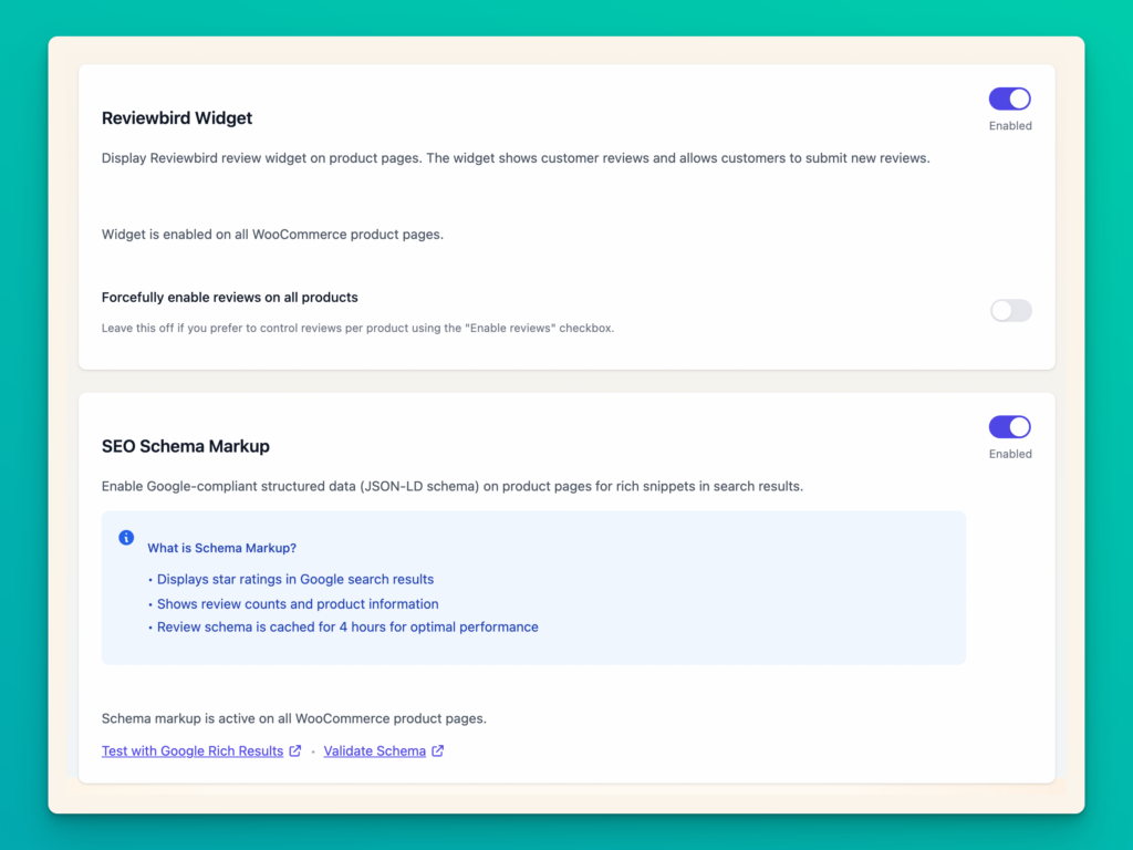 Enable the Reviewbird widget and SEO schema