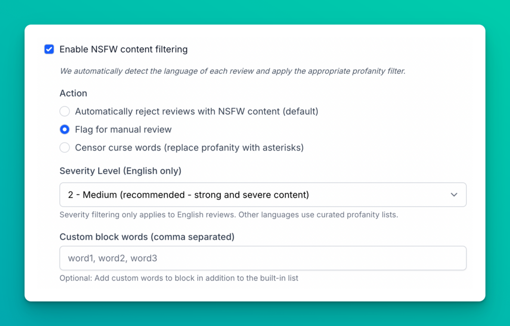 Screenshot of NSFW content filtering options