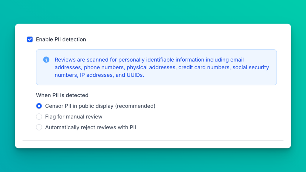 Screenshot of PII detection configuration options
