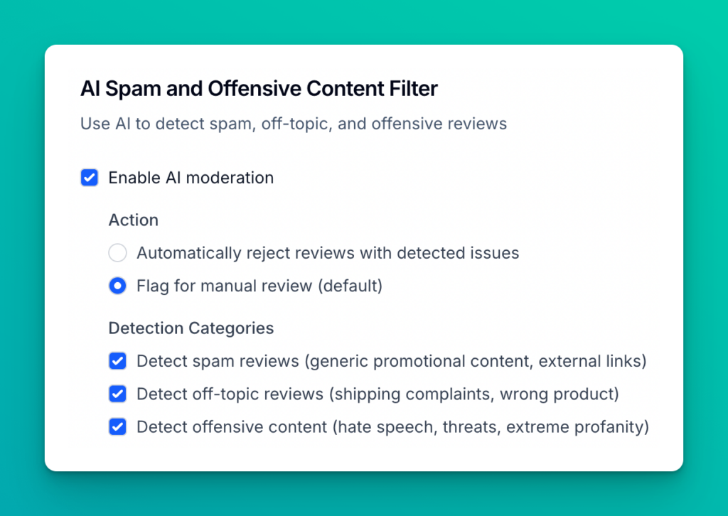 Screenshot of AI moderation settings and options