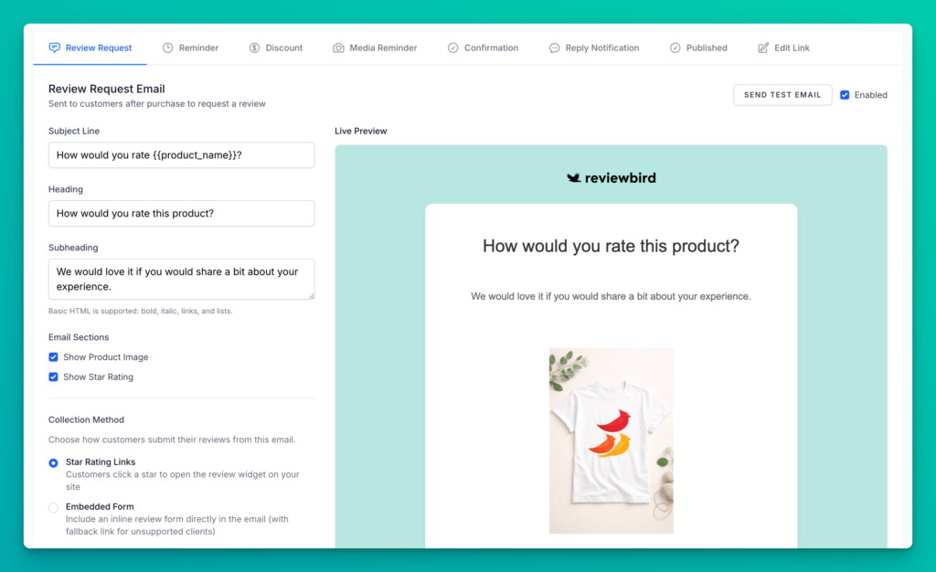 Review request email template settings