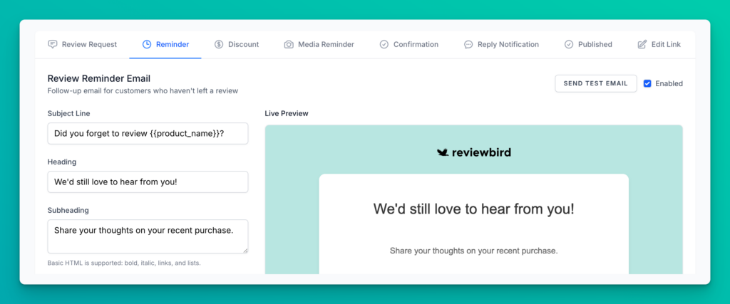 Review reminder email settings