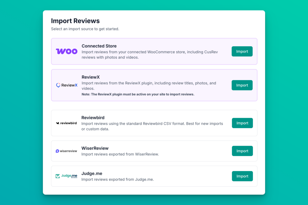 A screenshot showing multiple review import sources