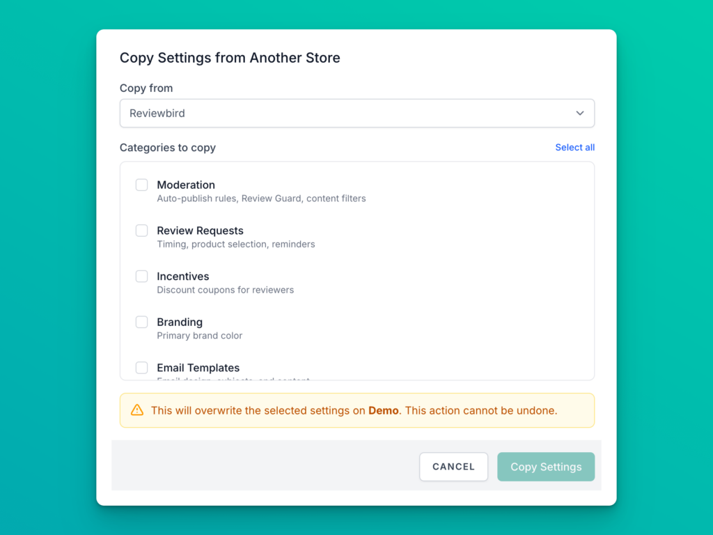 Copy settings from another Reviewbird store