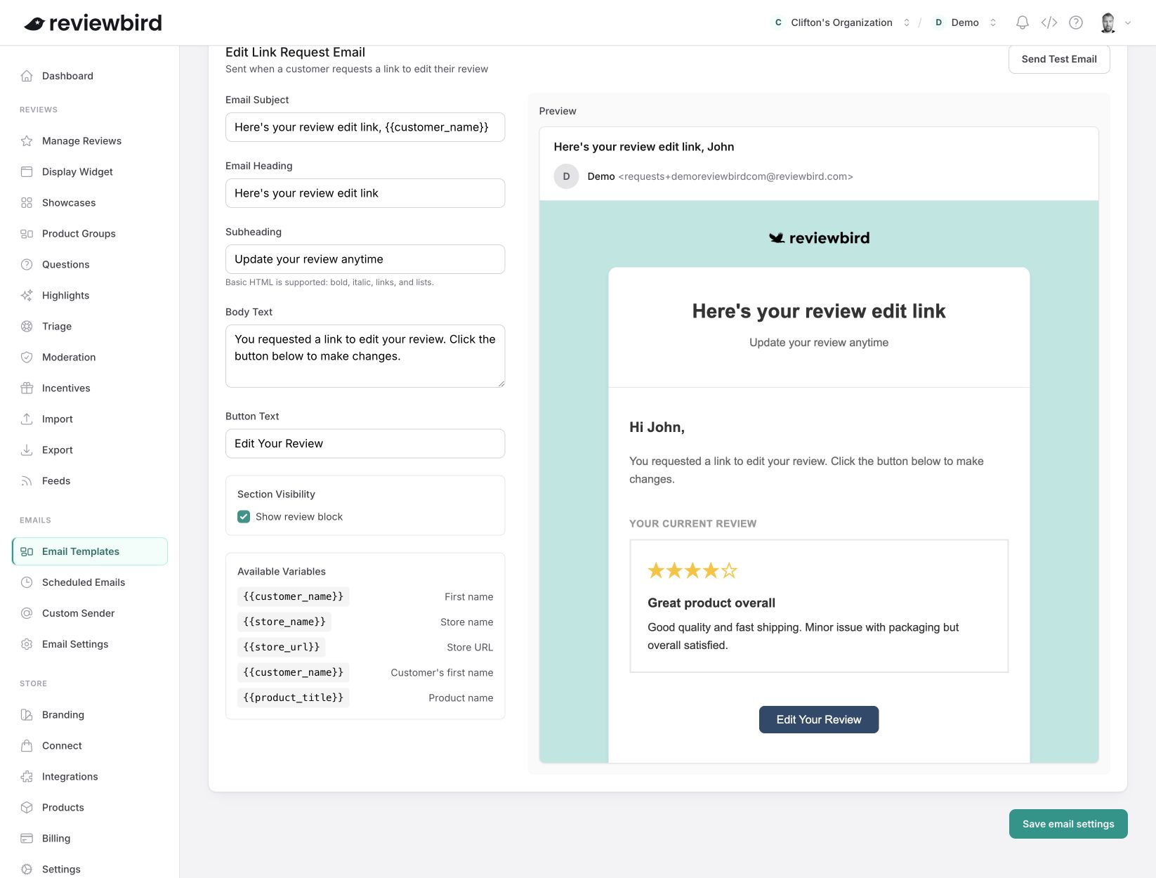 The Edit Link Request Email settings with content fields, a review block option, variables, and an email preview.
