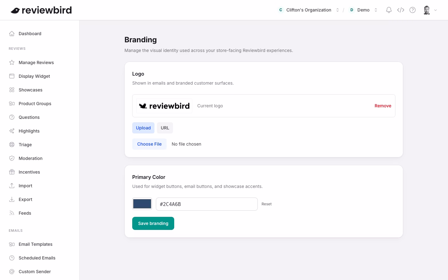 The Branding settings page in the Reviewbird dashboard, showing the logo uploader and primary color picker