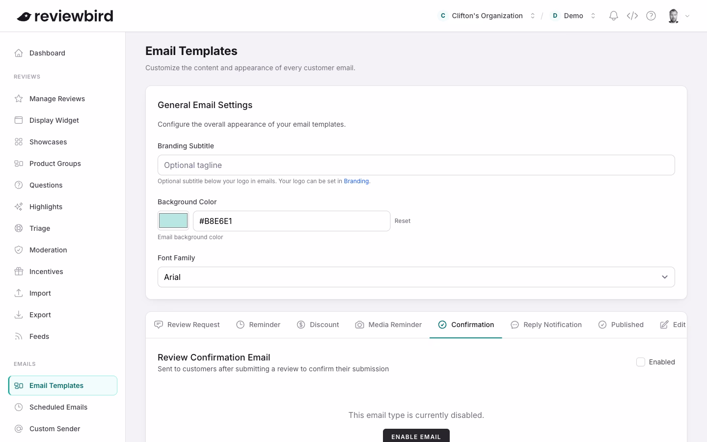 The Confirmation tab in Email Templates, showing the review confirmation email settings
