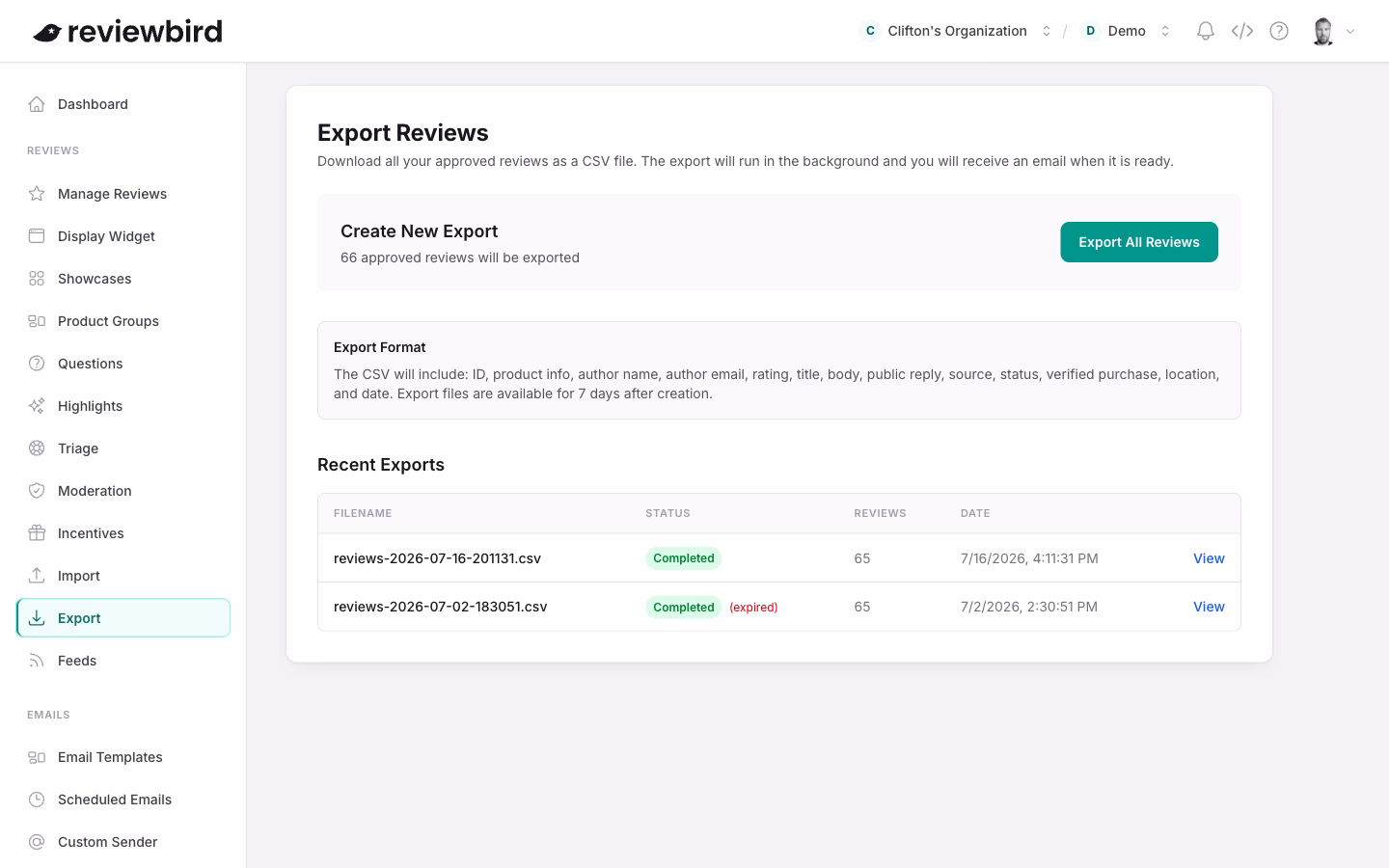 The Export Reviews page showing the approved review count and the Export All Reviews button