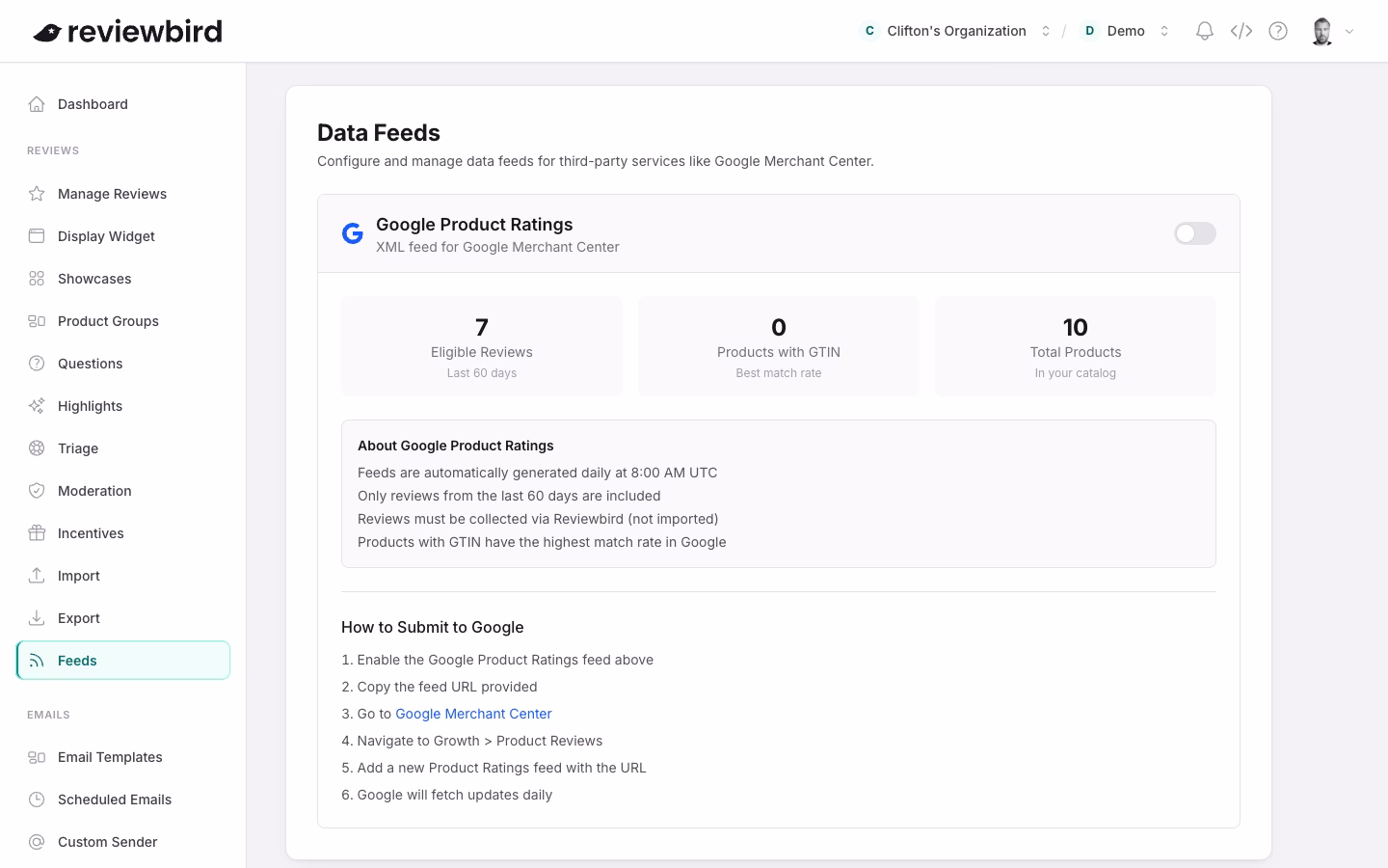 The Feeds page showing the Google Product Ratings toggle, feed URL, and feed stats