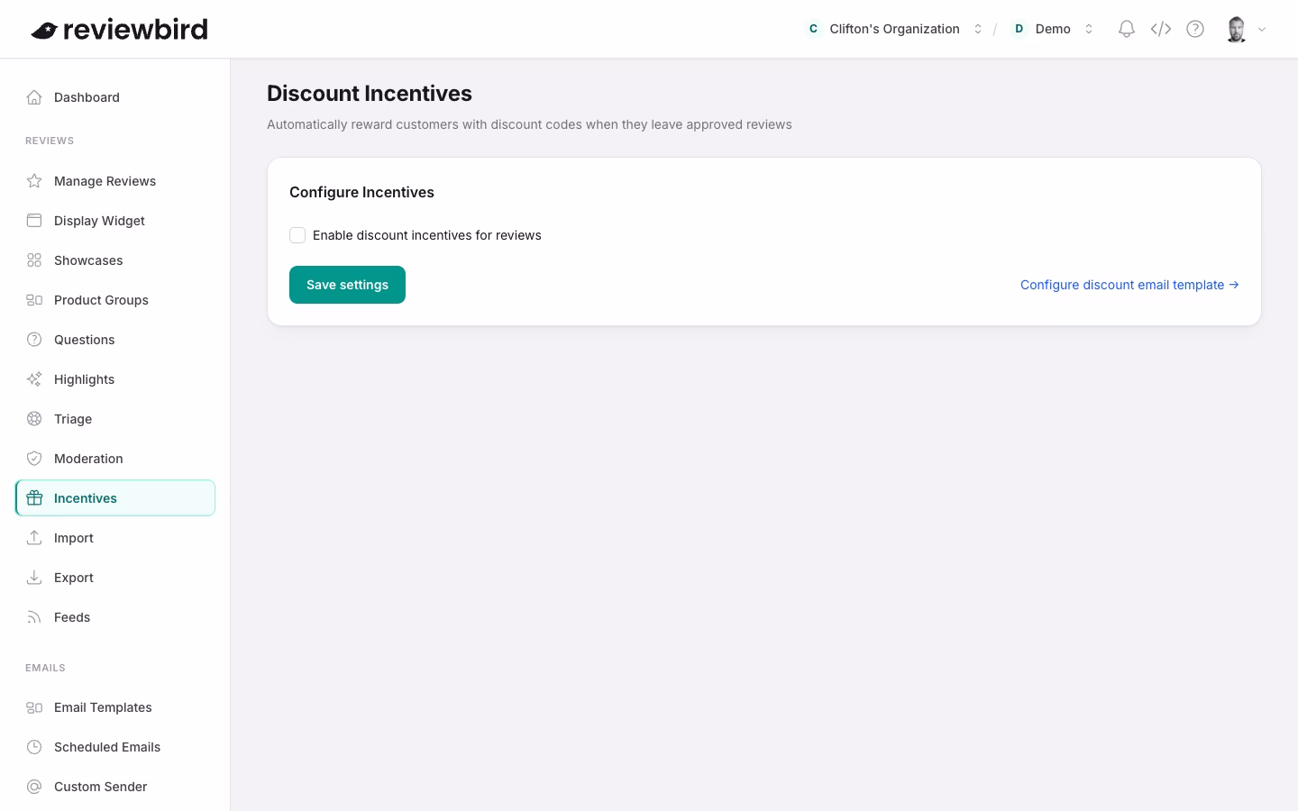 The Discount Incentives settings page, with the enable toggle, review qualification rules, and discount amount fields