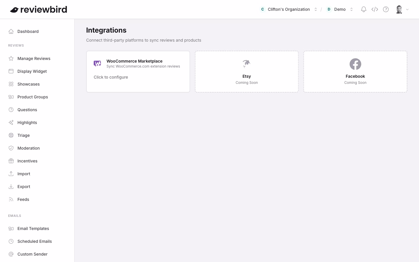 The Integrations page showing the WooCommerce Marketplace connection card