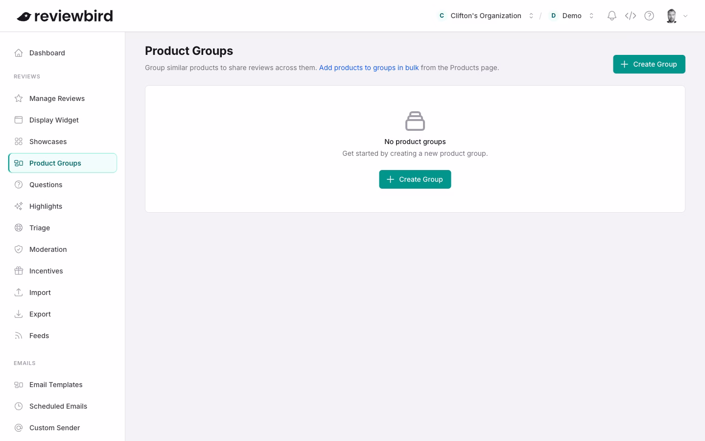 The Product Groups page lists groups, product counts, and creation dates.