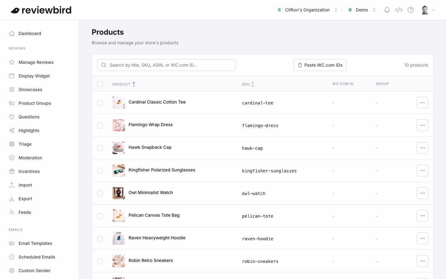 The Products page listing synced products with SKU, group, and action columns