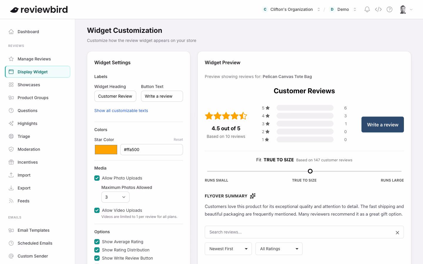 The Widget Customization page with settings on the left and a live preview of the review widget on the right