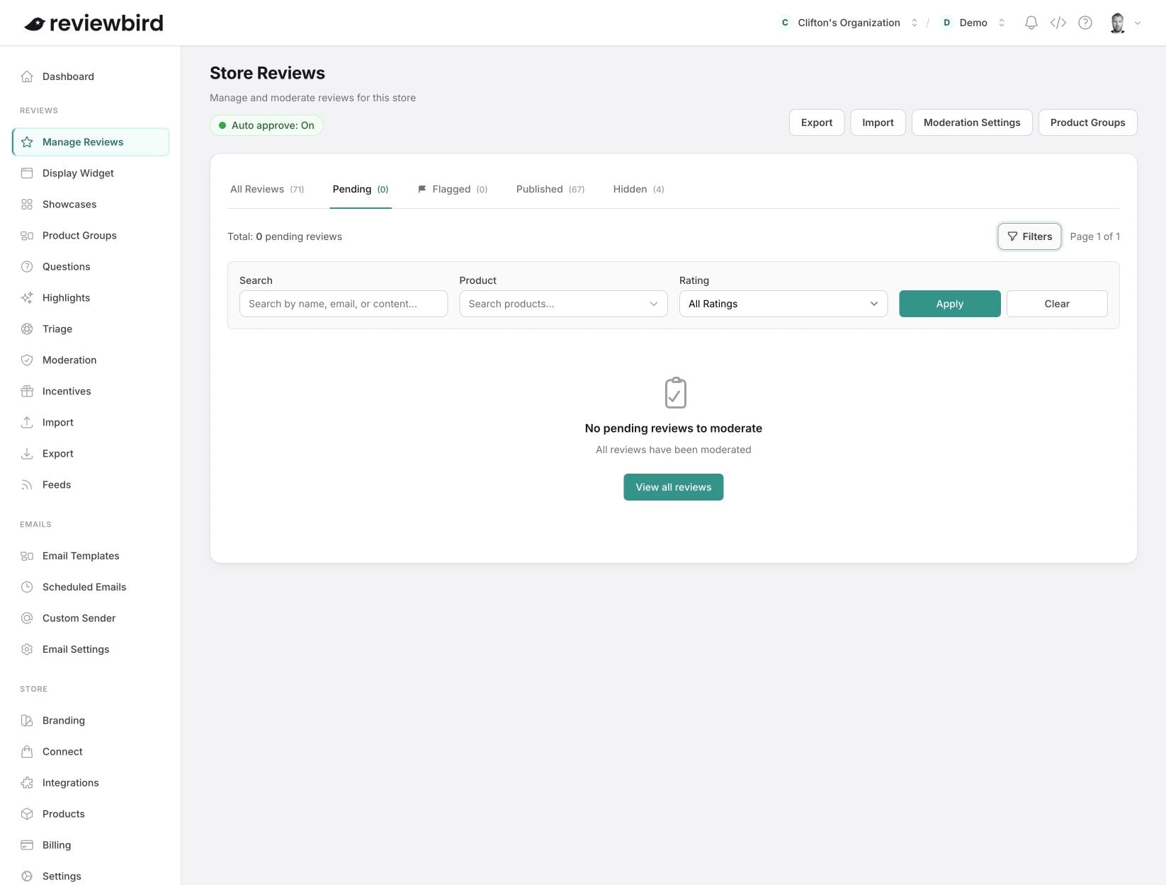 The Store Reviews page with status tabs and filters for search, product, and rating.