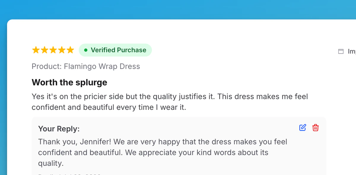 A public reply that an AI client published to a verified Reviewbird product review.