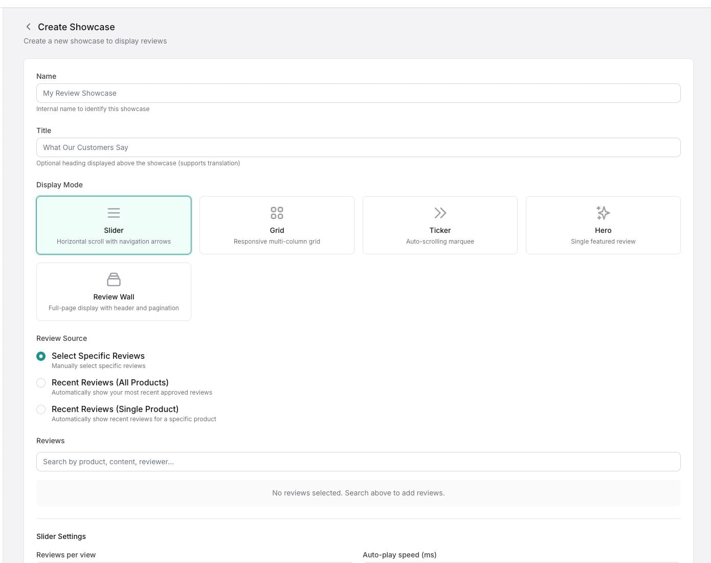 The Create Showcase page with the display mode and review source controls.