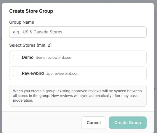 The Create Store Group window shows the group name and store selection fields.