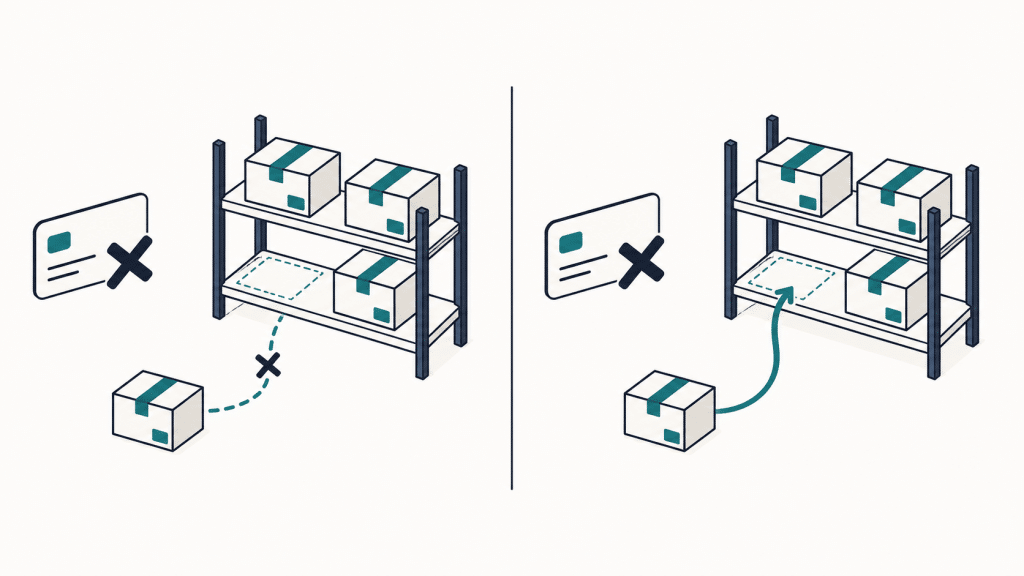 Illustration comparing a stock-reduced failed order before WooCommerce 11.0 with the same item restored after the update