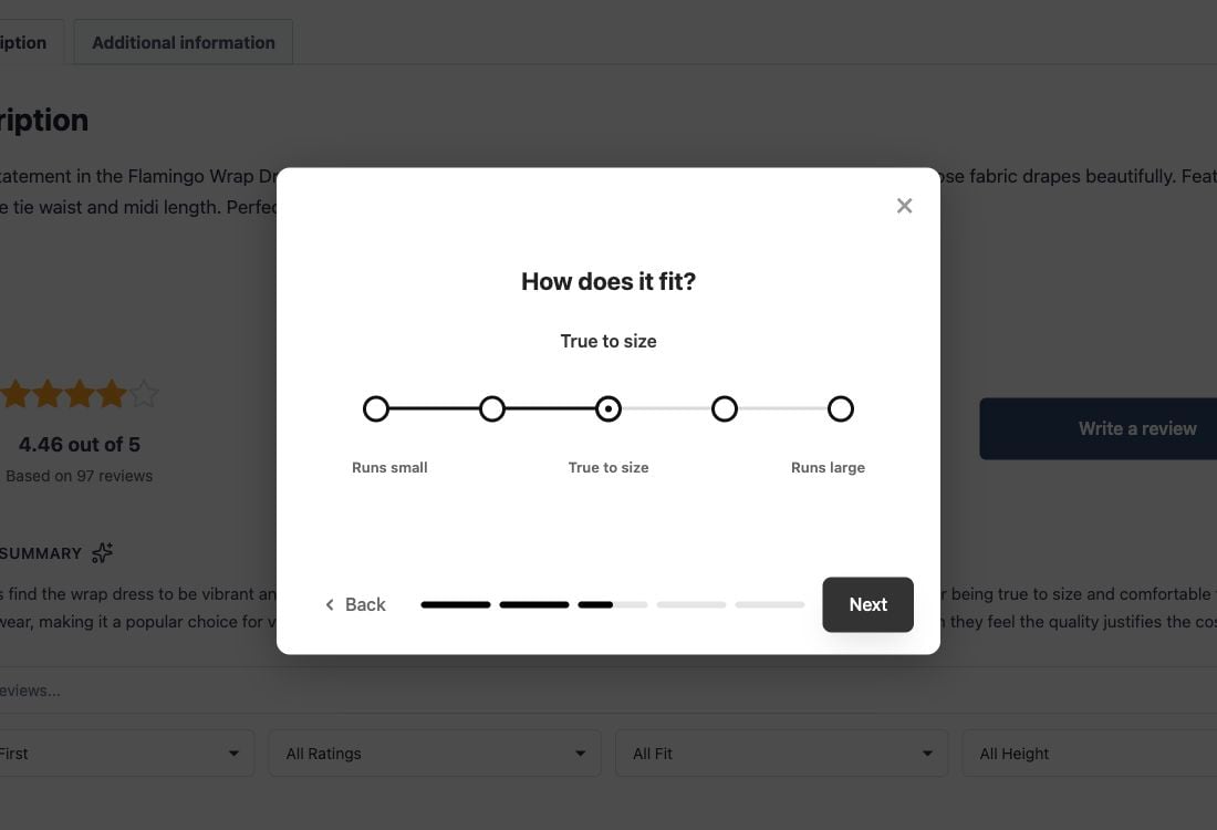 Reviewbird review form asking how the Flamingo Wrap Dress fits, with a scale from runs small to runs large.