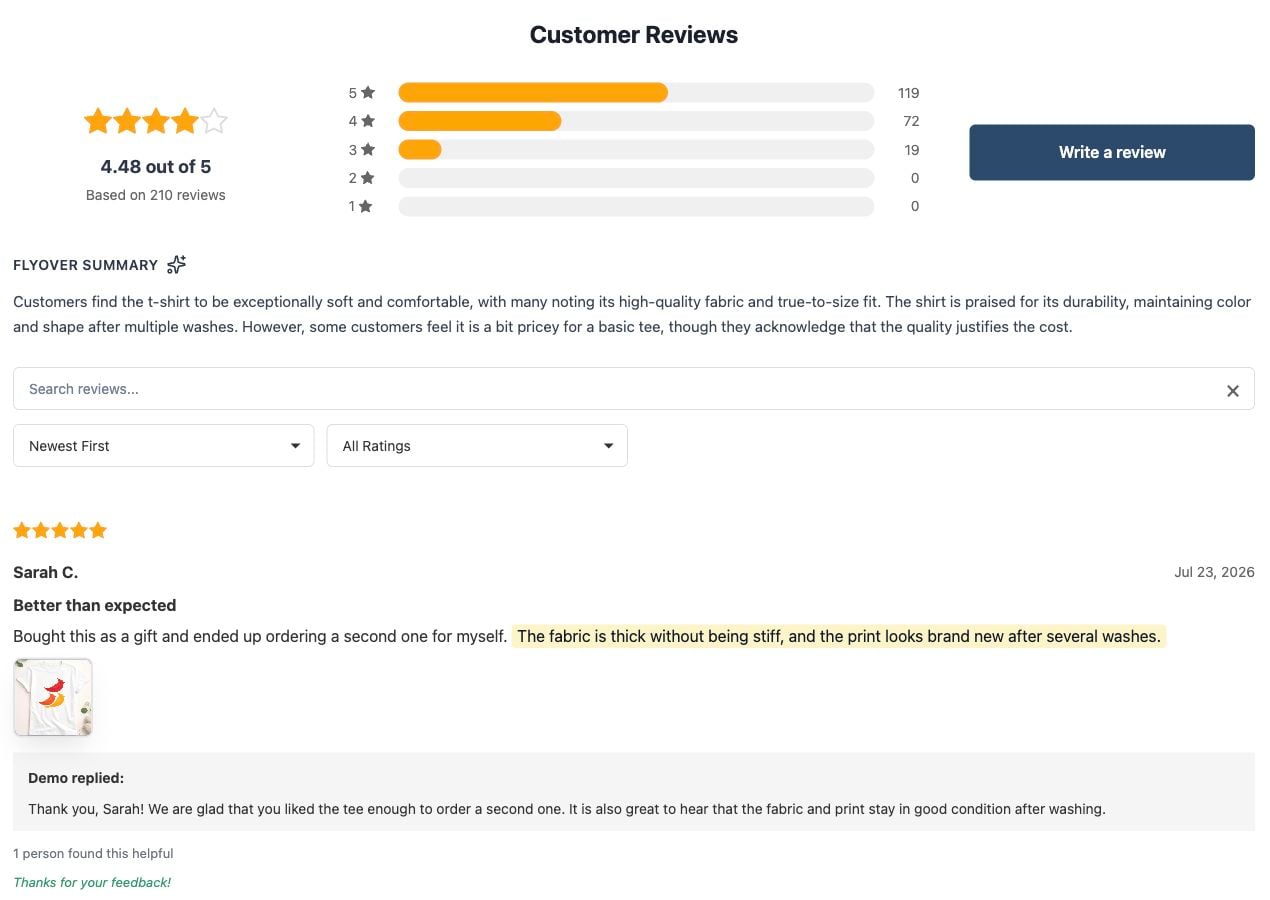 Reviewbird product review widget with rating totals, an AI summary, filters, a photo review, and a merchant reply.