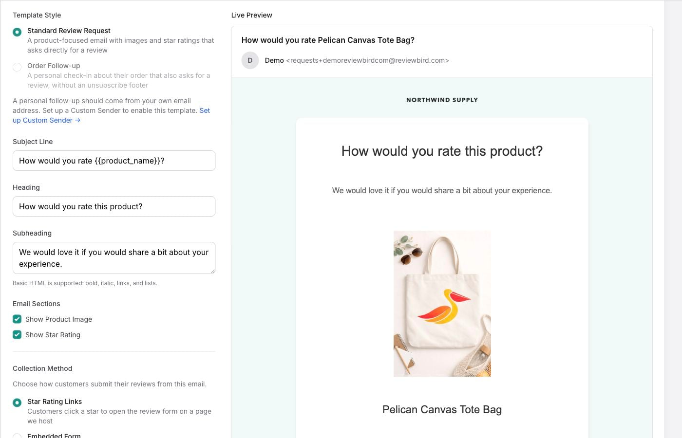 Reviewbird email template settings beside a live Northwind Supply review request with a product photo.