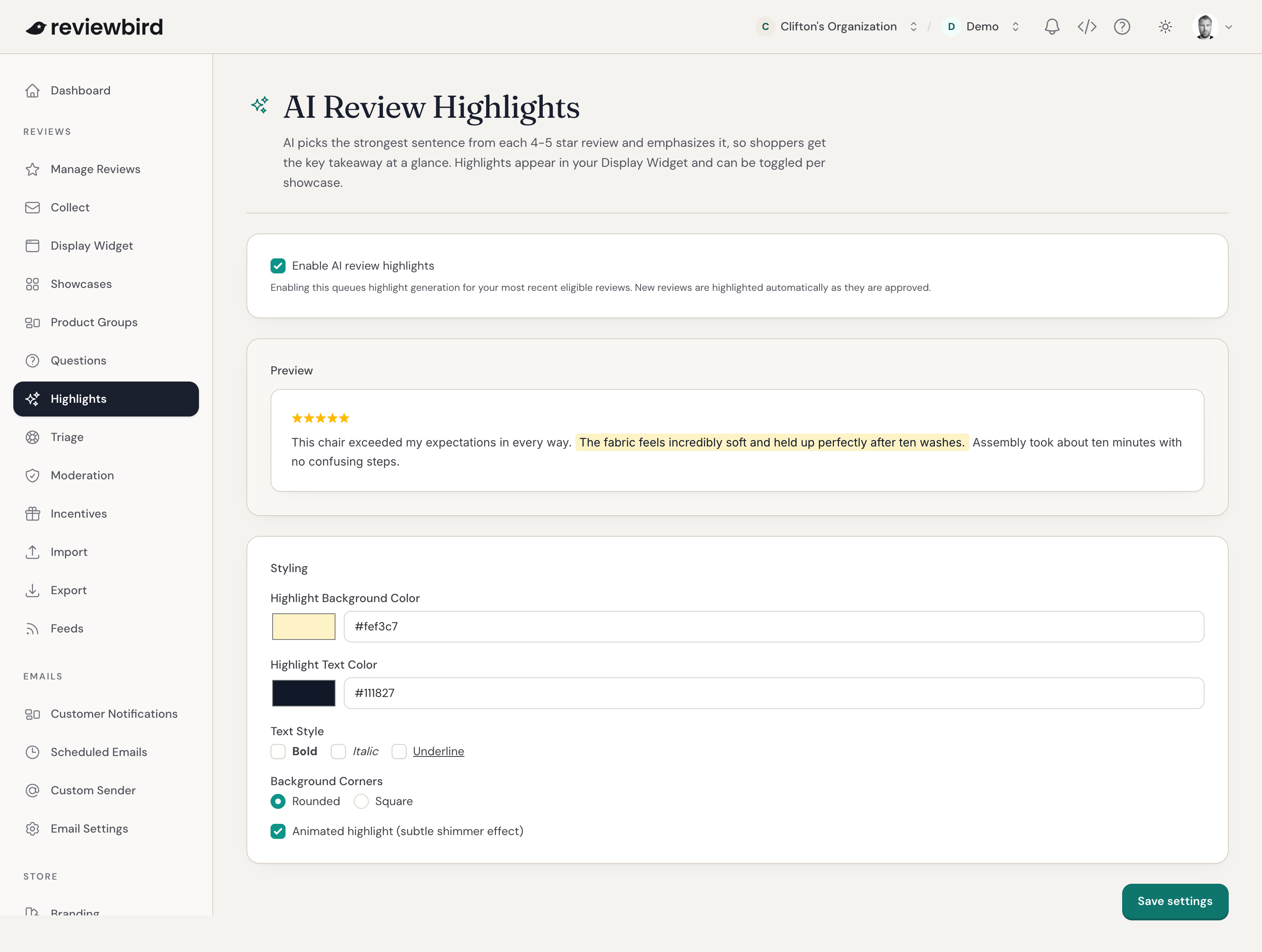 The Reviewbird AI Review Highlights page with the enable control, preview, color controls, text styles, corner styles, and animation control.