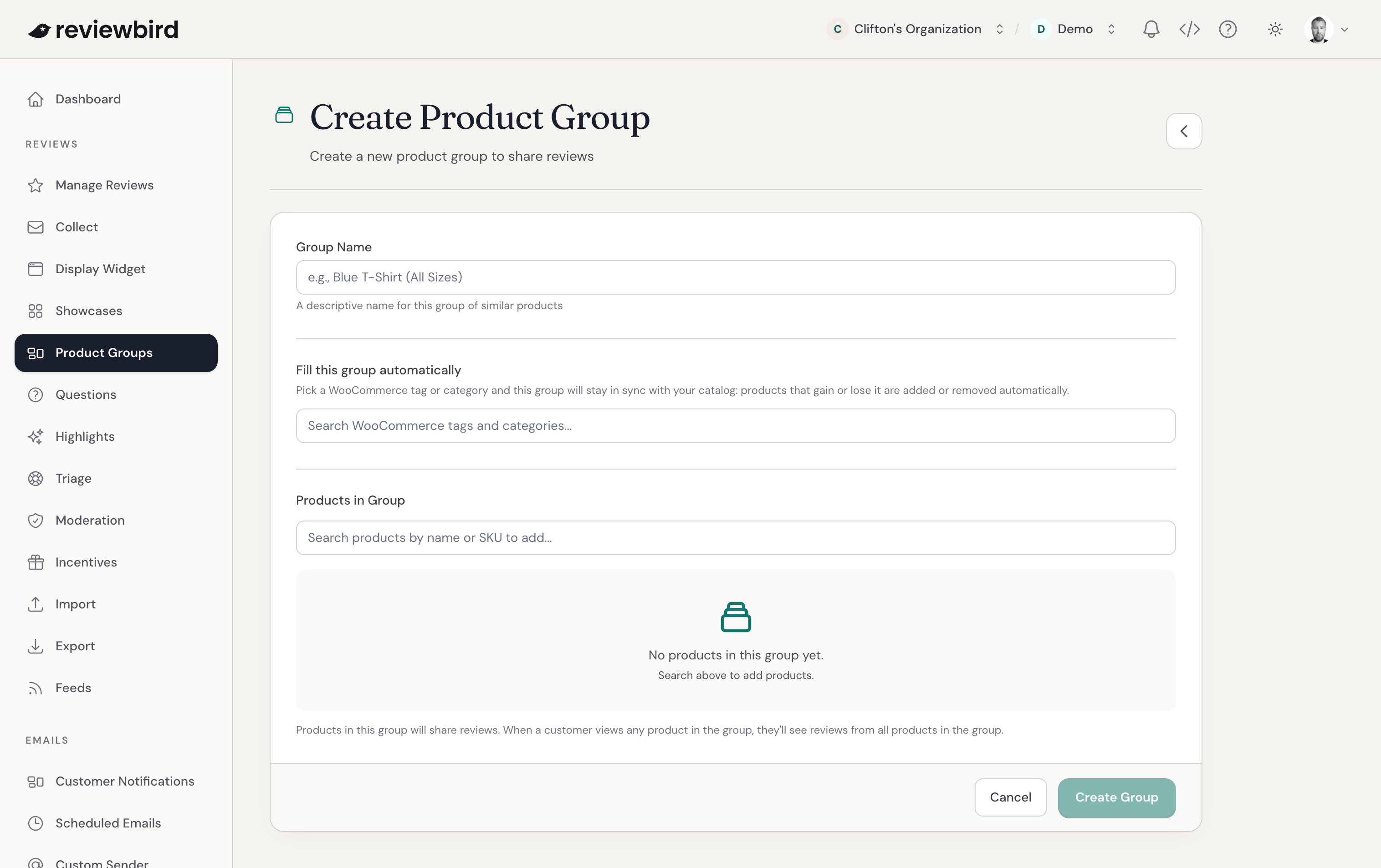 The Create Product Group page with the automatic fill field