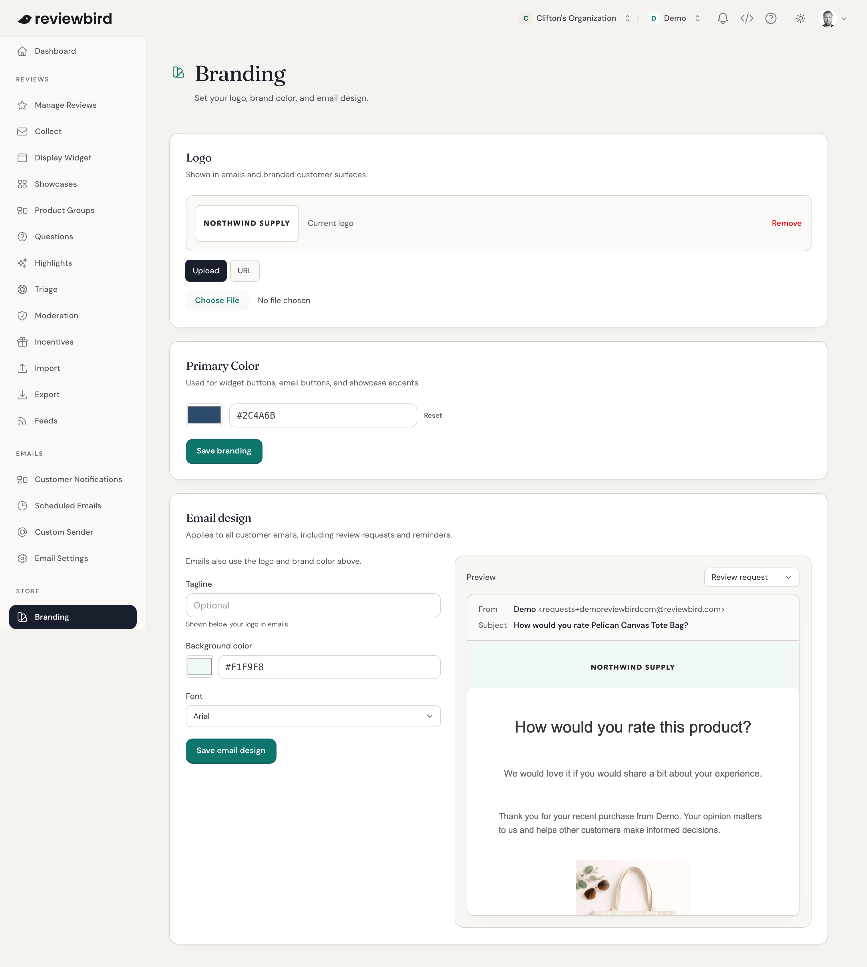 The Branding page with store logo, primary color, and email design settings
