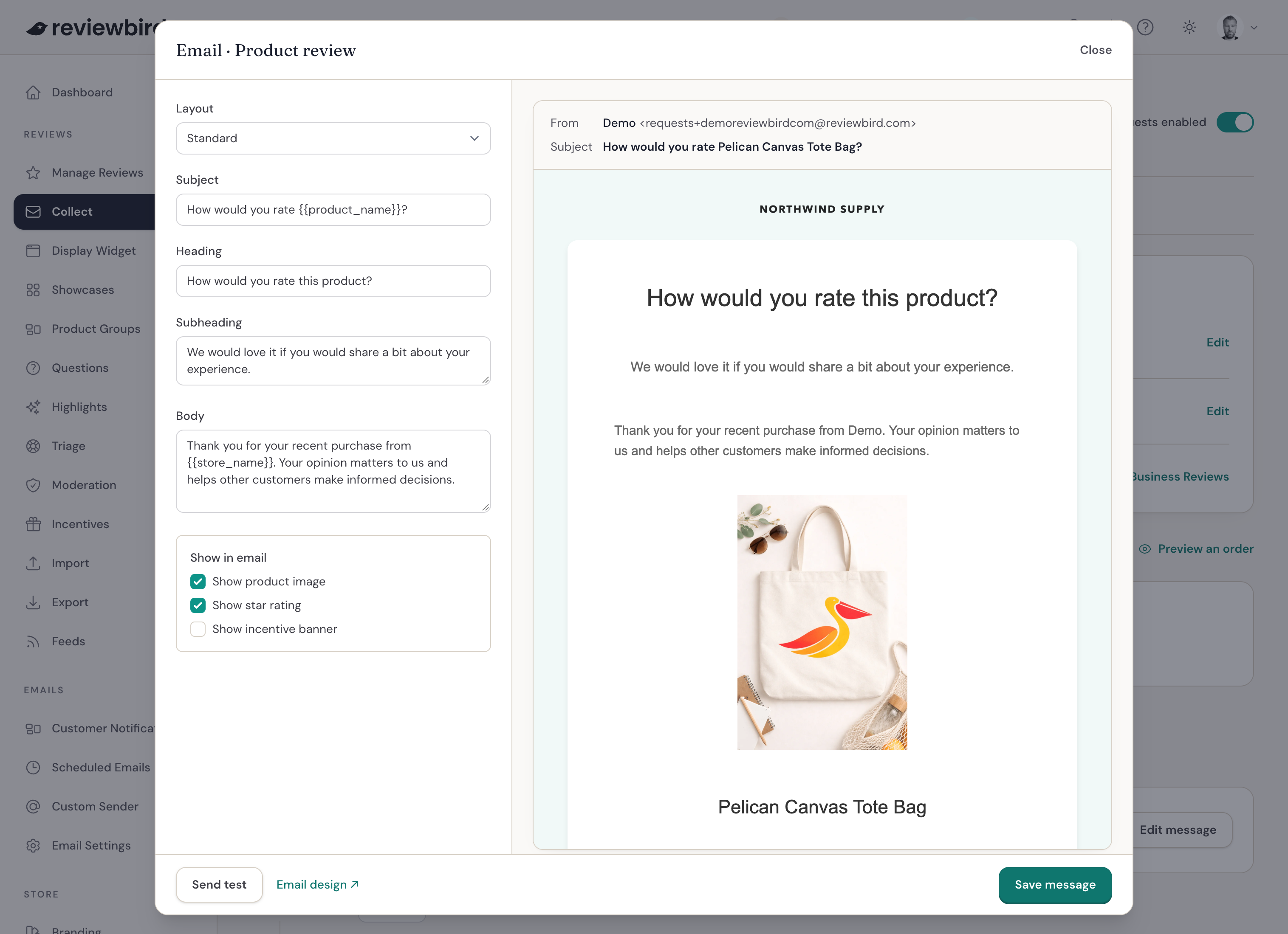 Collect message editor with email fields and a preview