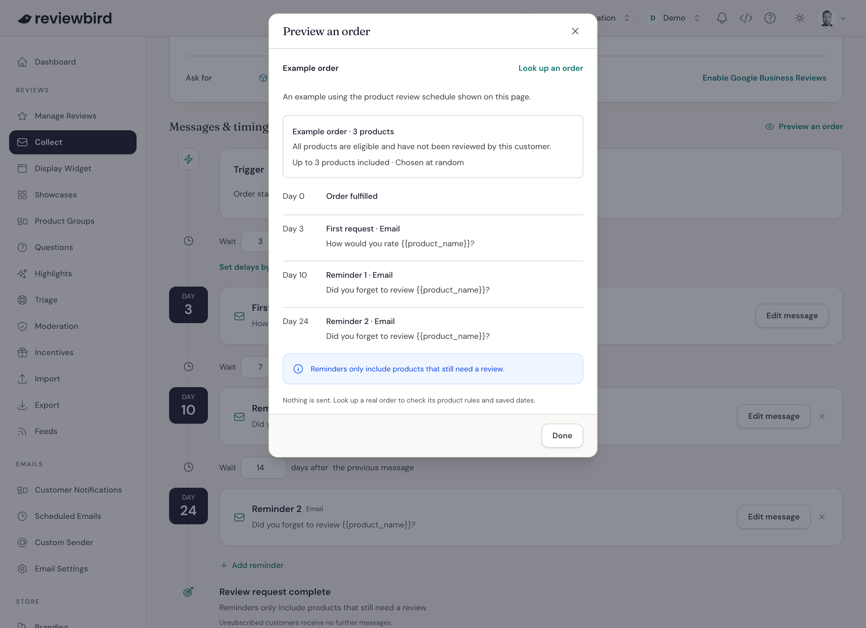Order preview showing request timing and product rules