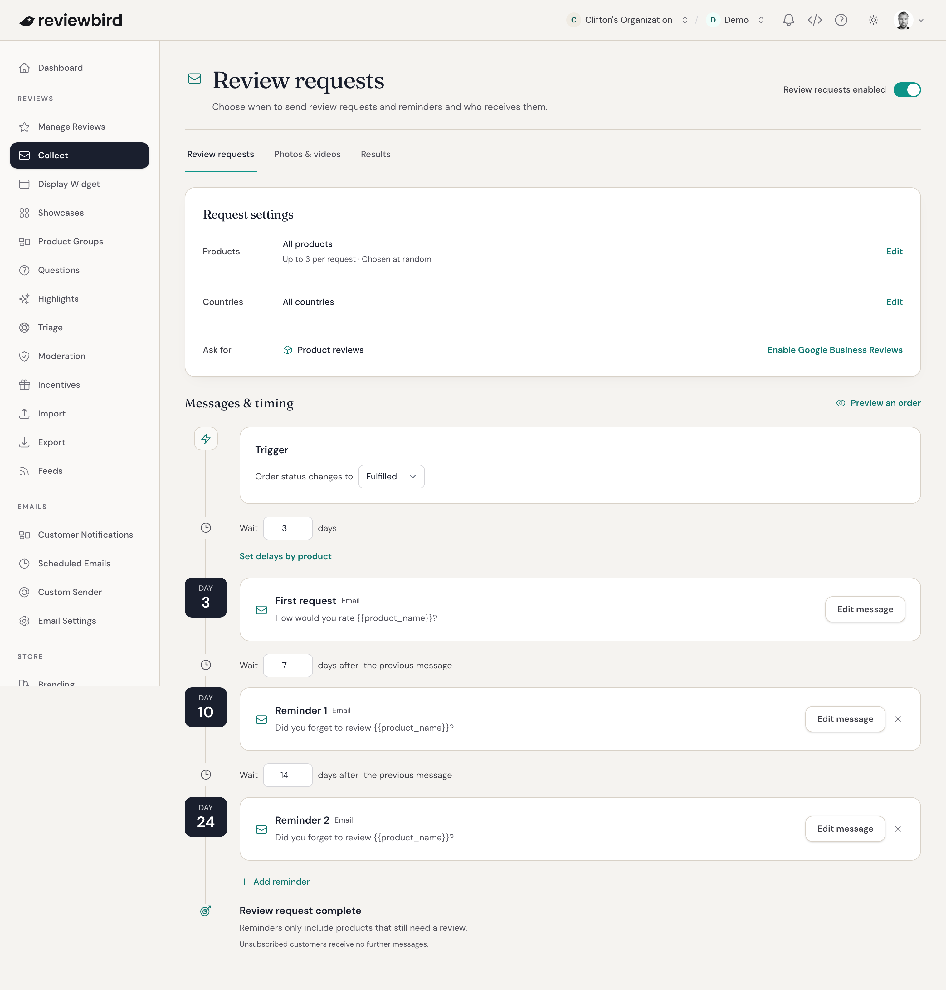 Collect Review requests tab with request settings and the sending switch