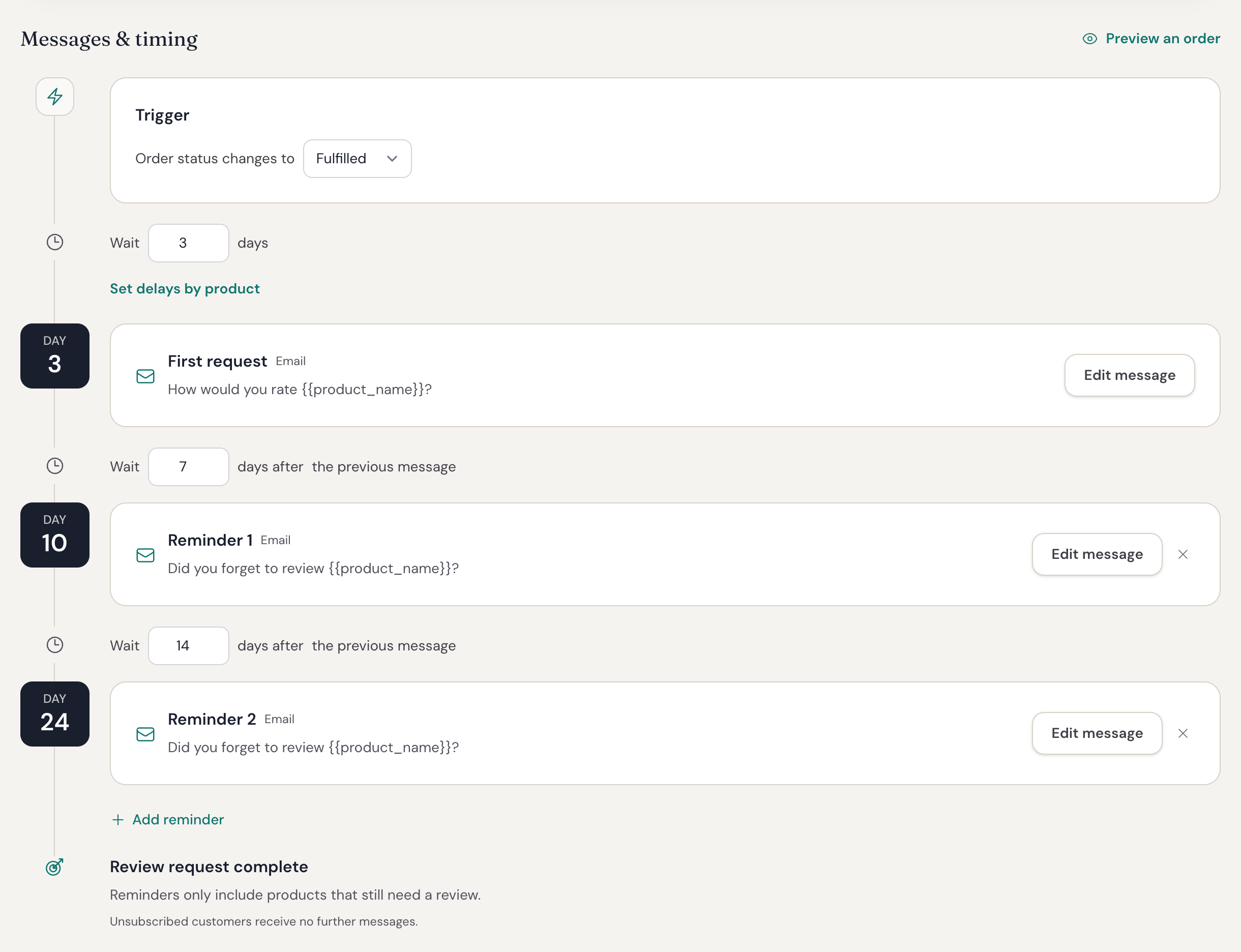 Collect timeline with an order trigger, first request, and reminders