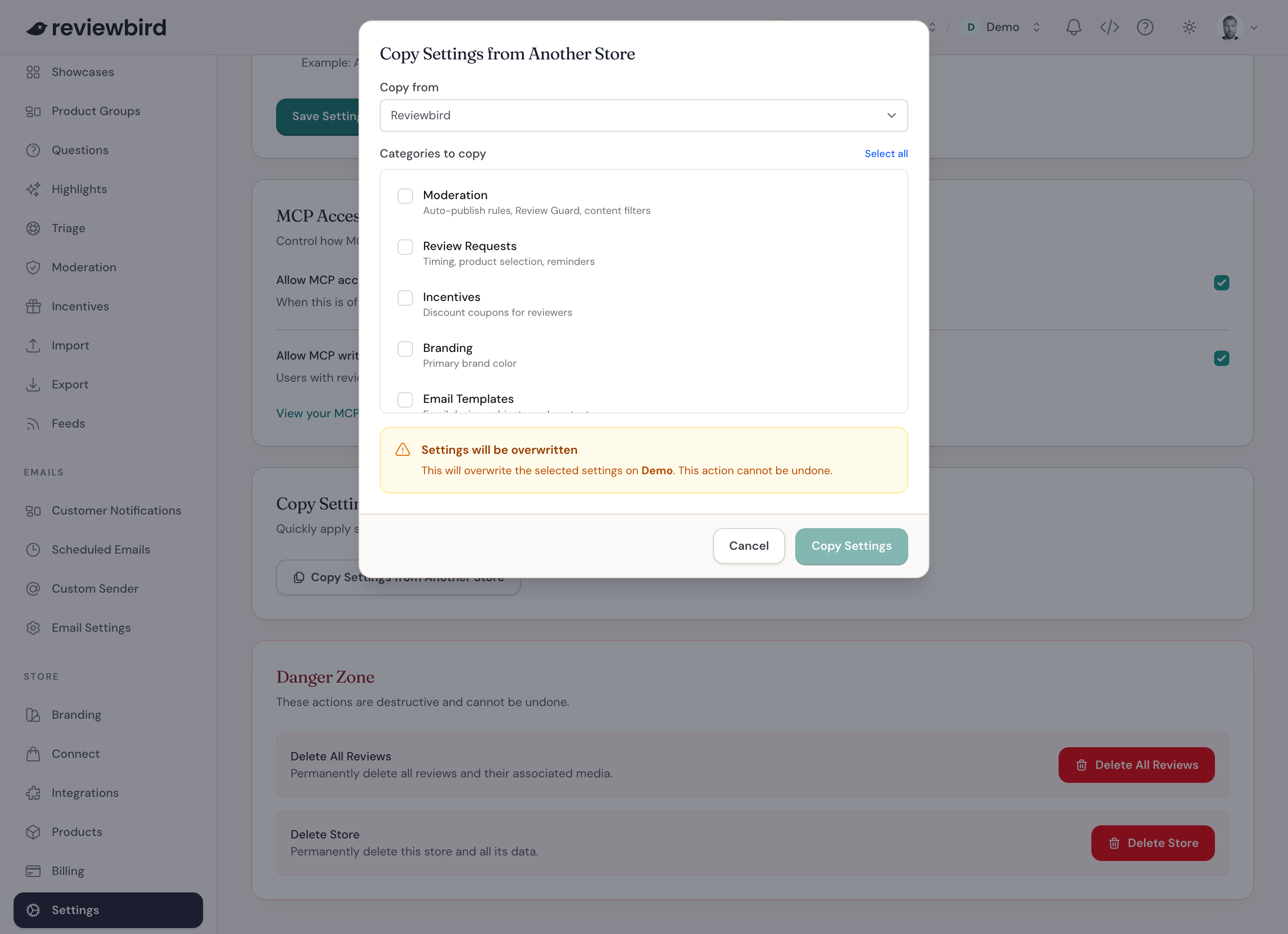 Copy settings from another Reviewbird store
