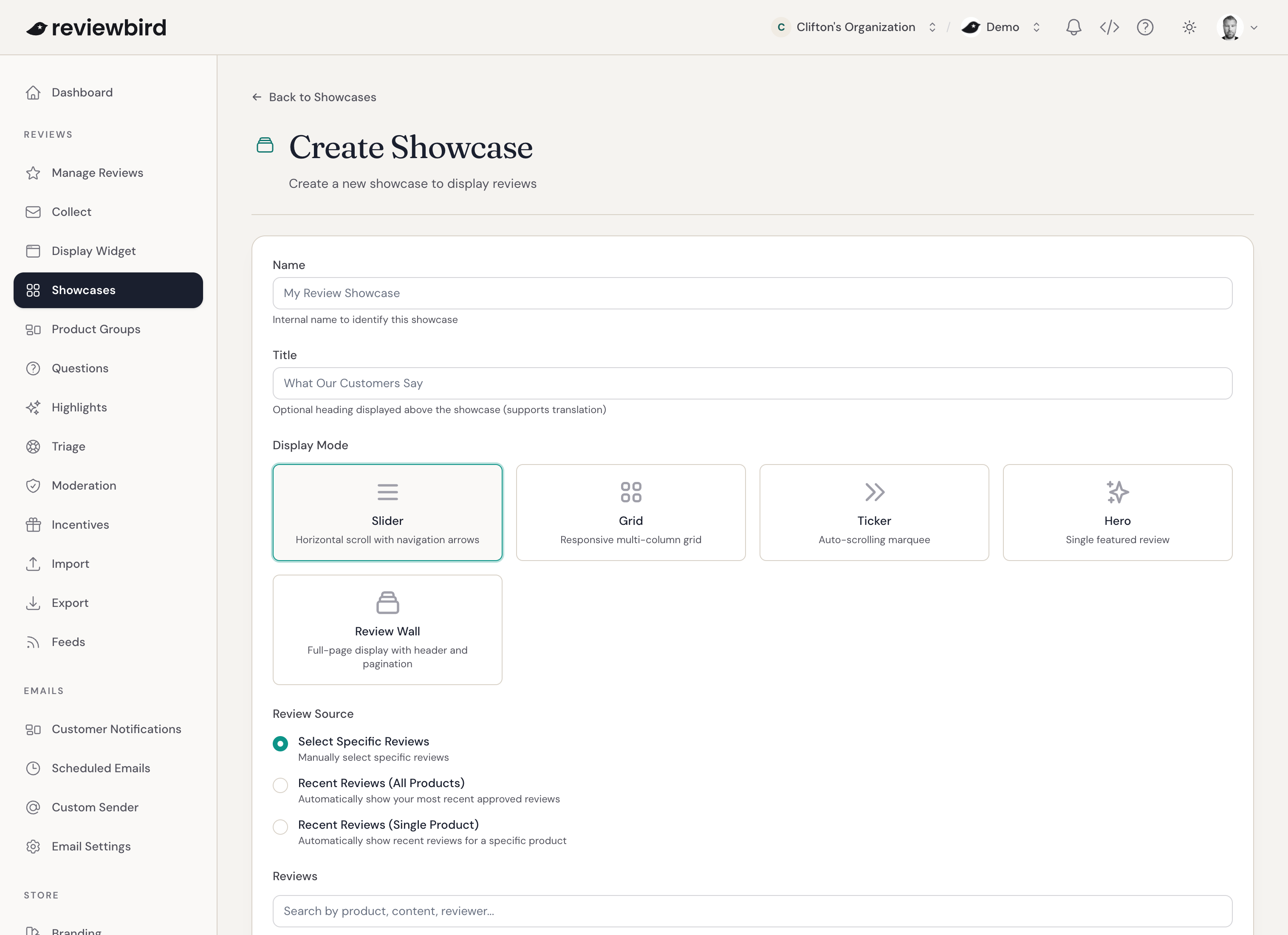 The Create Showcase page with the display mode and review source controls.