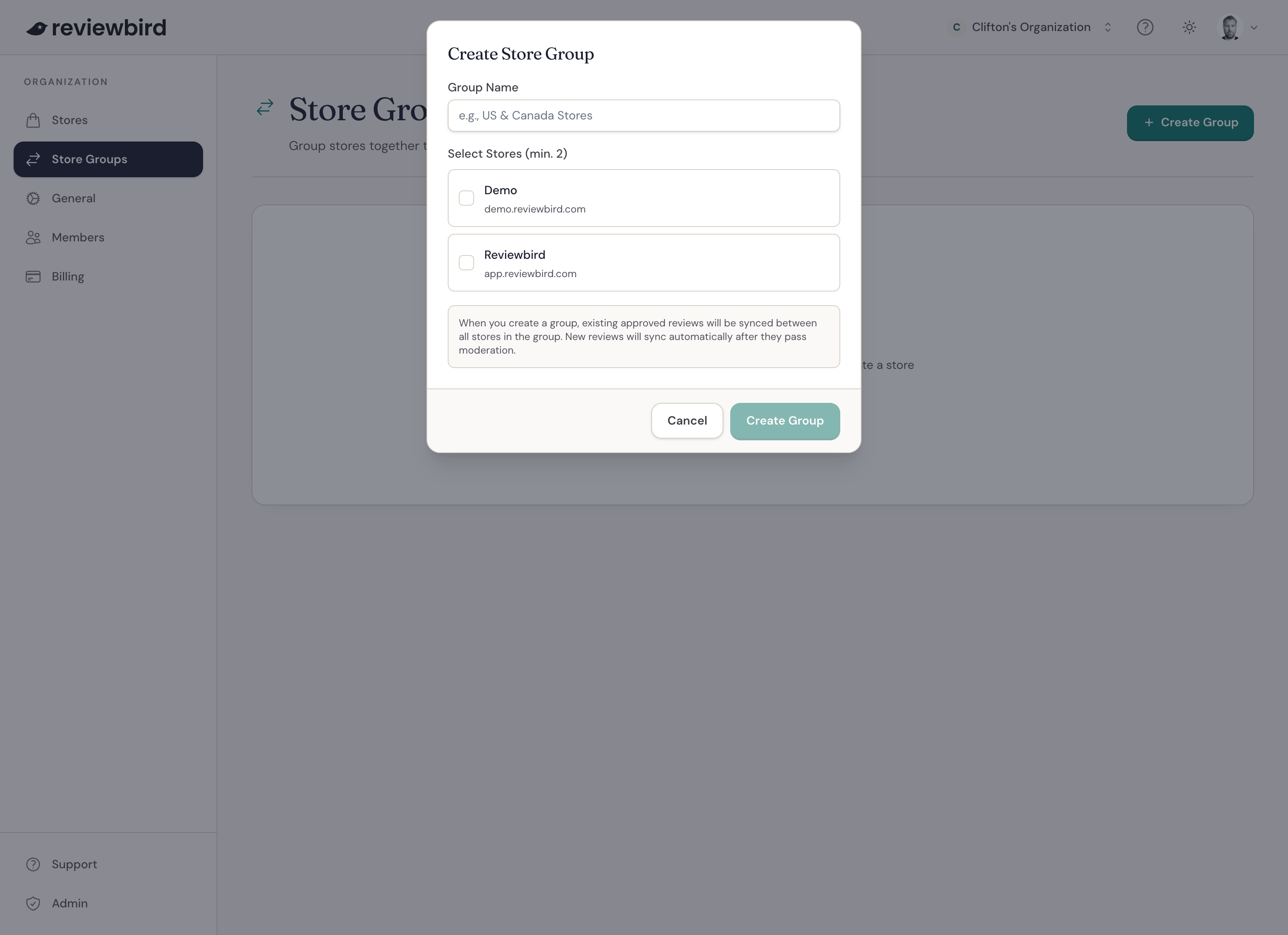 The Create Store Group window shows the group name and store selection fields.