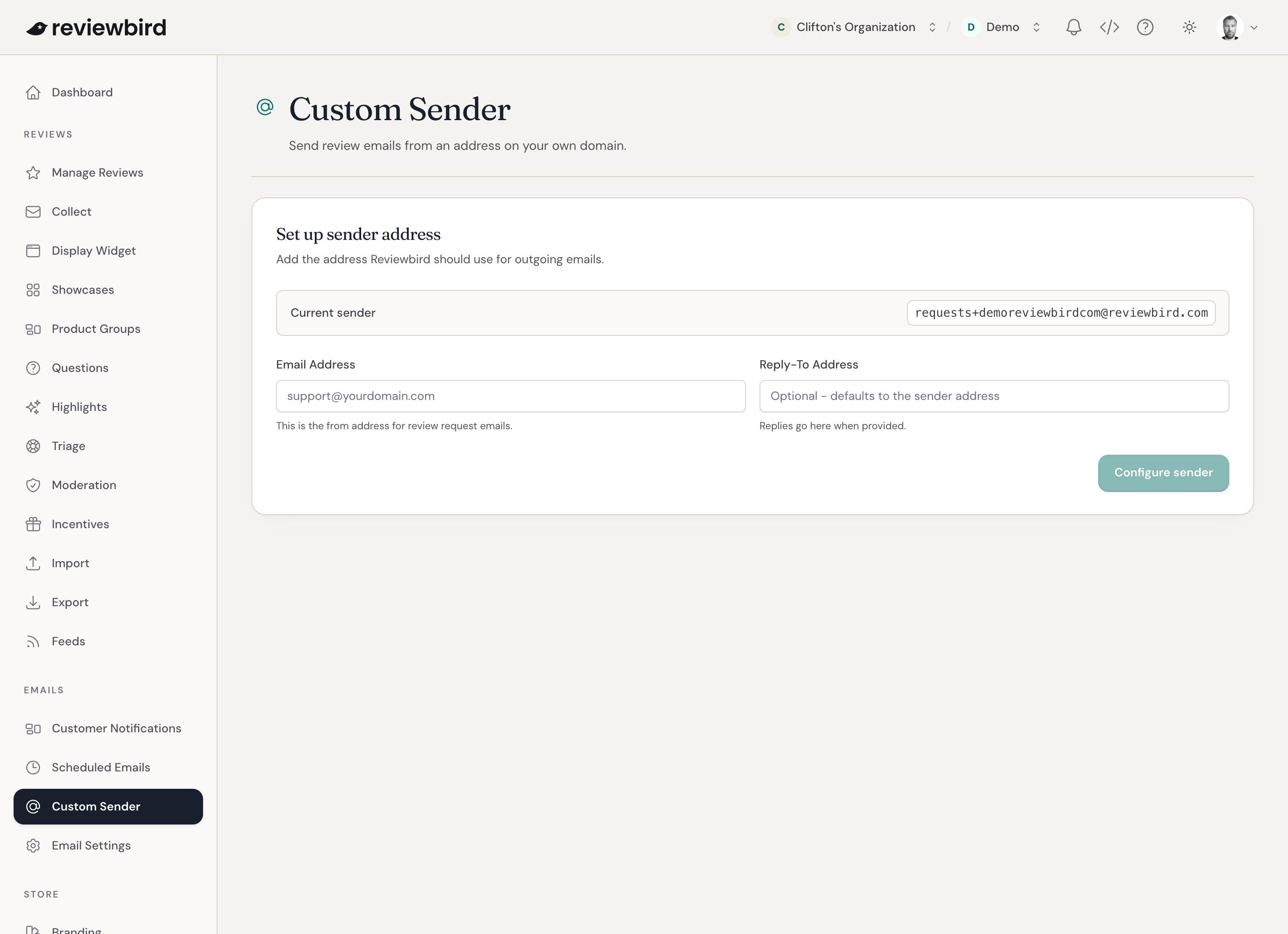 Custom Sender setup with Email Address and Reply-To Address fields