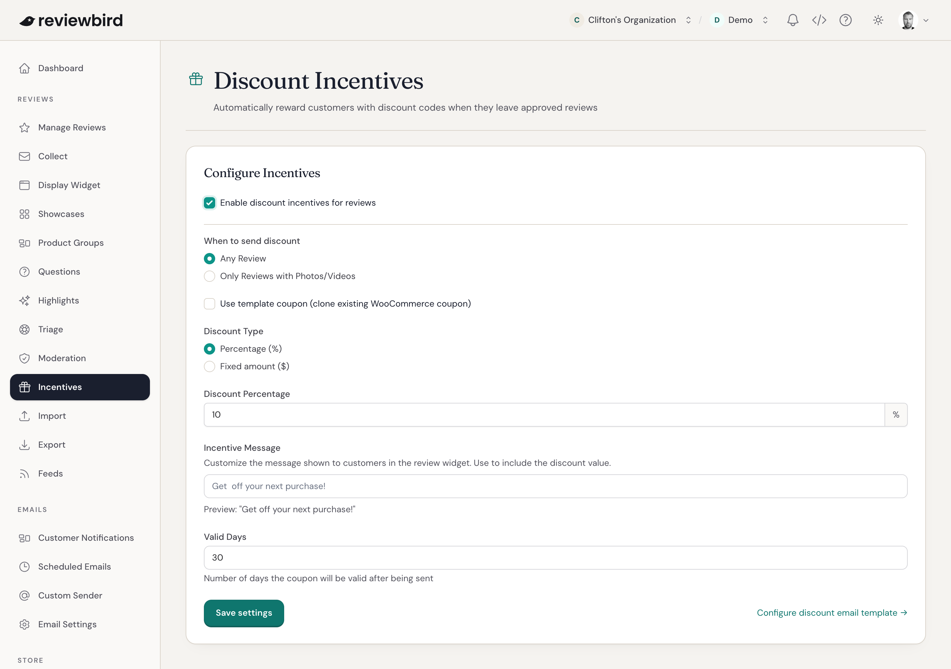 The Discount Incentives settings page, with the enable toggle, review qualification rules, and discount amount fields