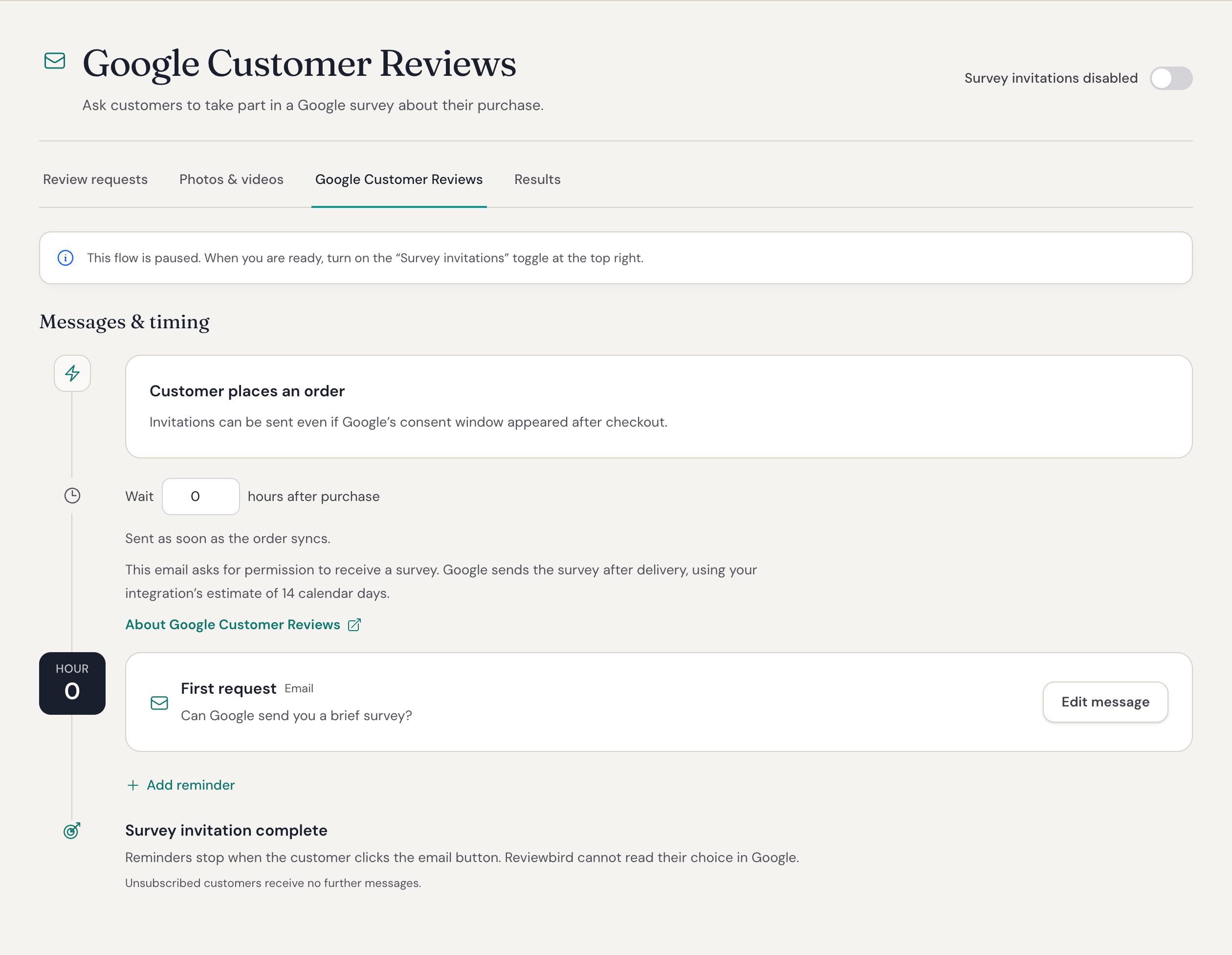 Google Customer Reviews invitation schedule in Collect
